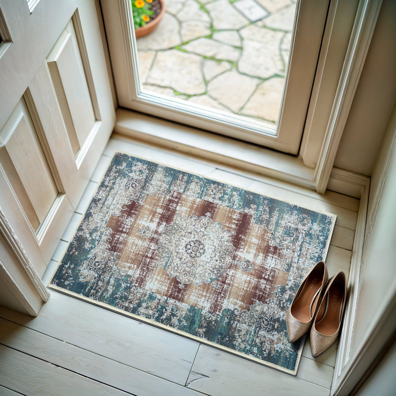GLN Rugs Vintage Collection - Machine Washable Area Rug, Vintage Washable Rug, Non Slip Area Rug, Low Pile Living Room Rug, Bedroom Rug, Bathroom Rug - Easy Clean (Blue and Tan Rug)