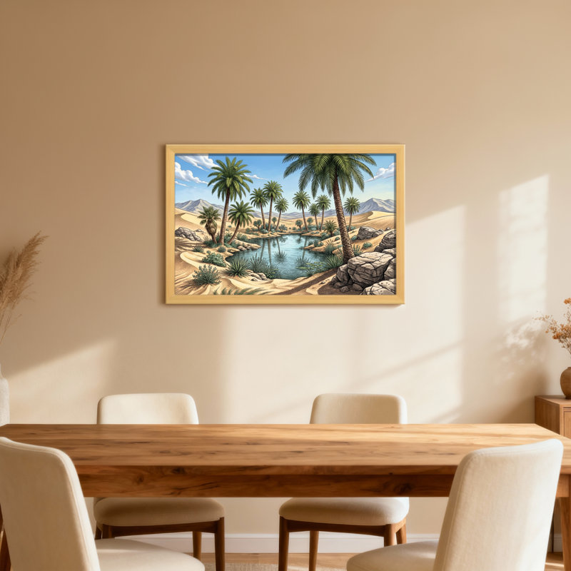 Désert oasis palmiers eau rocher sable ciel montagnes, H 12 po x l 18 po, Wrapped Canvas, Does Not Apply