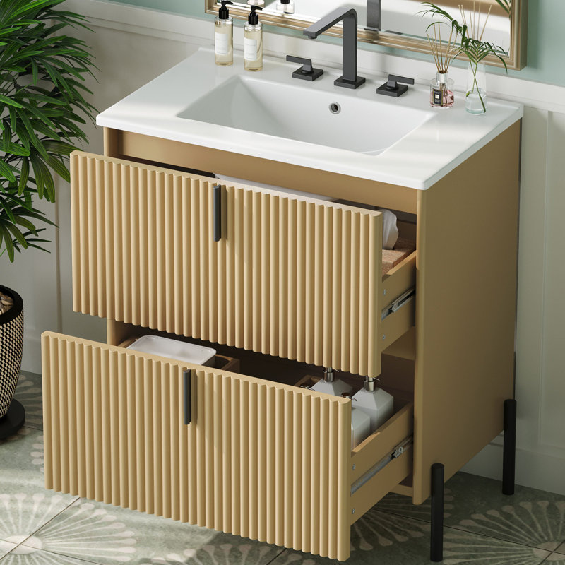 Meuble-lavabo autoportant de 30 po avec lavabo en céramique et tiroirs à extension complète, Naturel