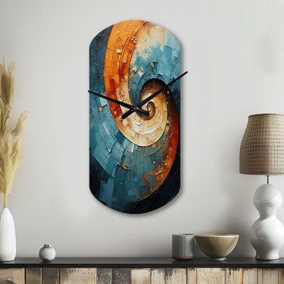 Orange Teal Abstract Spirals I - Cylinder Shape Large Orange Wall Clock Sculpture