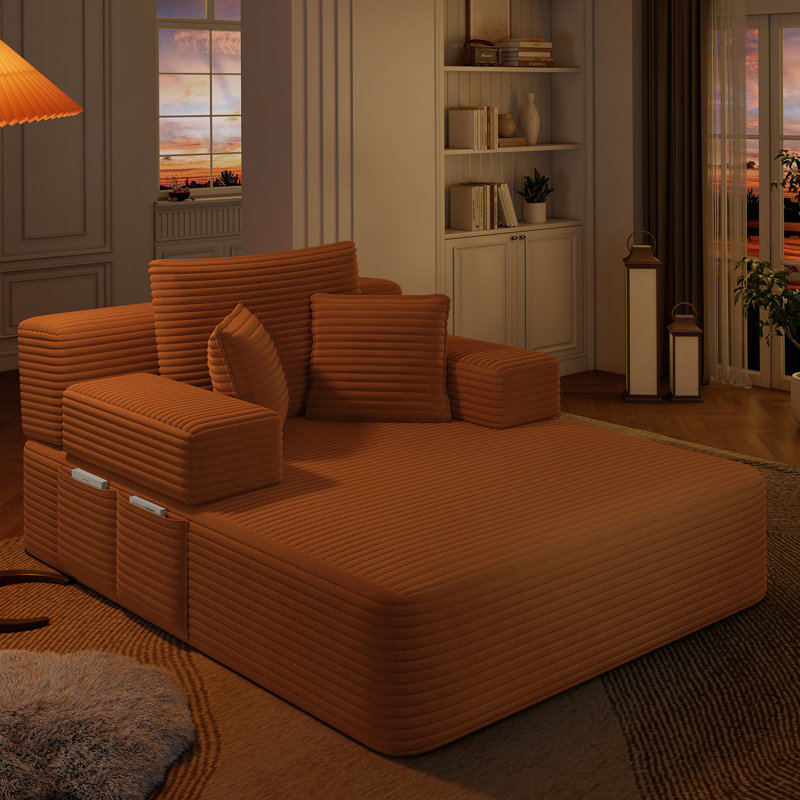 Chaise longue convertible en velours côtelé moelleux avec pochette de rangement, Orange