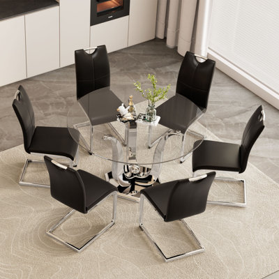 47.2" Round Glass Dining Table Set For 6, 7 Piece Clear Glass Kitchen Table With Silver Stainless Steel Base & 4 PU Leather Chairs
