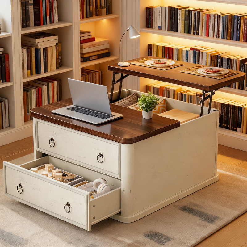 Table basse à plateau relevable avec rangement, table basse carrée Farmhouse avec mécanisme de levage à vérin à gaz, compartiments cachés et tiroir de rangement pour le salon
