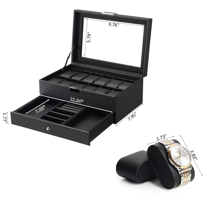 Watch Box Organizer 12 Slot Watch Case With Valet Drawer, Mens Watch Display Cases For Men