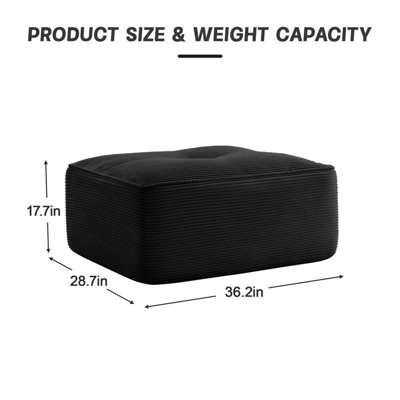 Corduroy Compression Ottoman For Living Room – Footrest, Spare Seat & Decorative Accent, Black