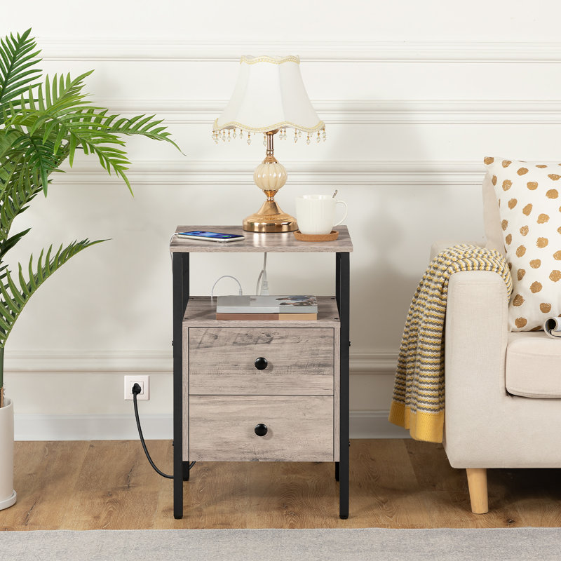 24'' Tall 2 - Drawer Iron Nightstand with Storage and Built-In Outlets, Black/Greige