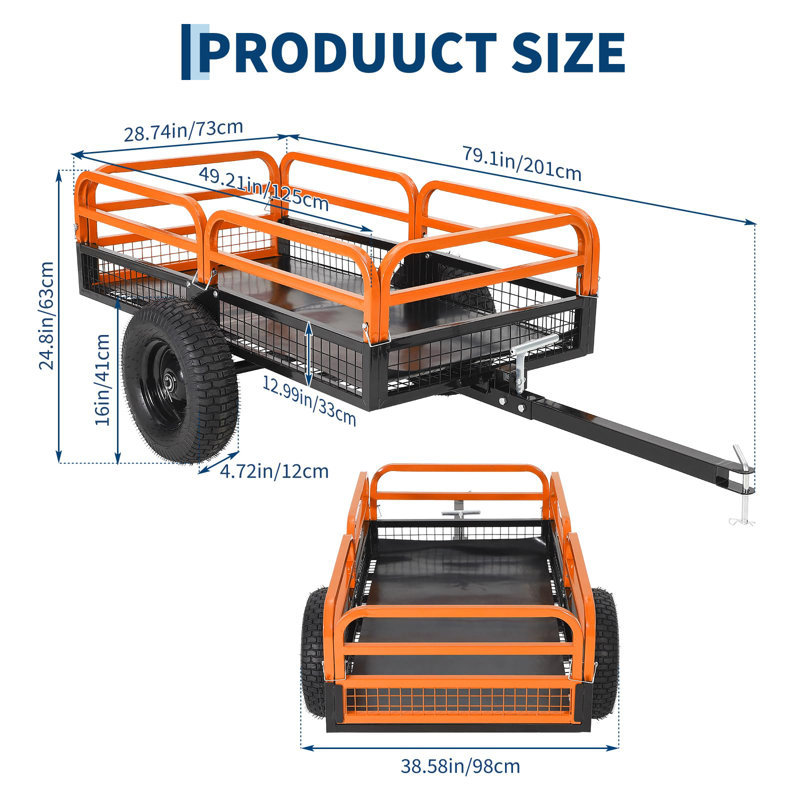 Heavy Duty Steel Garden Dump Cart with Removable Sides, 205 cm D x 73 cm W x 63 cm H, 680 kg Tipping Utility Trailer