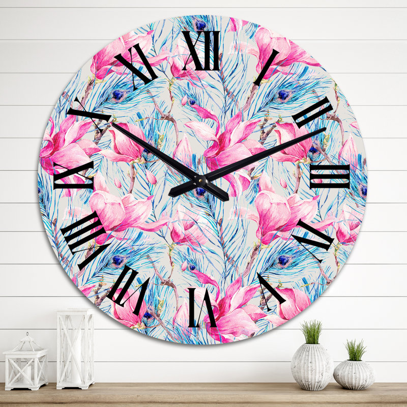 Motif avec magnolia et plumes de paon II - Horloge murale à motif, Moyen