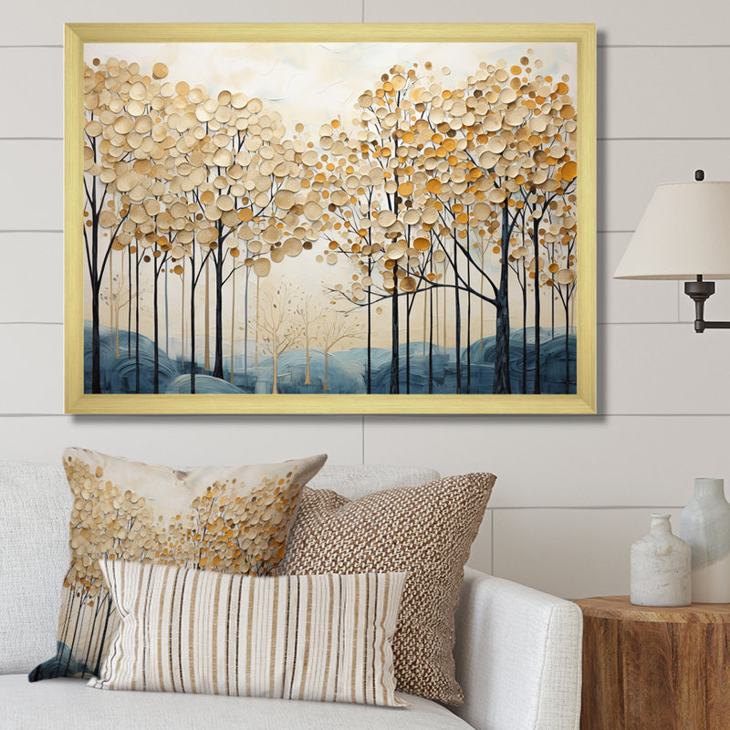 Minimalisme, arbres dorés et bleus scène IV - arbres, art mural, Cadre doré simple, H 30 po x l 40 po x P 1,5 po