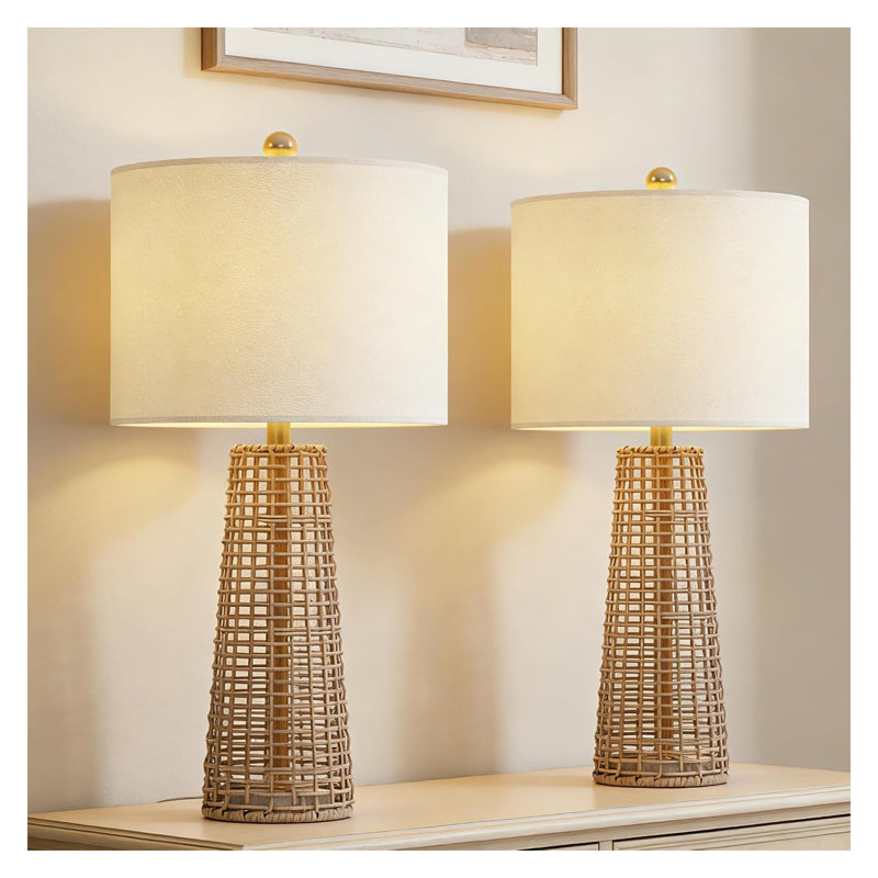 Ensemble de 2 lampes de table bohèmes en rotin avec abat-jour en lin, lampes de chevet à intensité variable (3 niveaux) pour salon et chambre, marron
