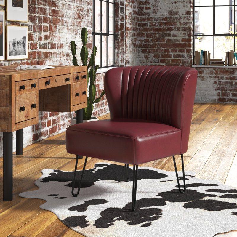 Euclid Faux Leather Chair With Metal Base, Burgandy Pebbled Faux Leather