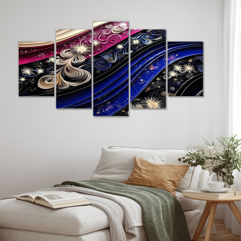 Mauve et bleu fractal, vagues modernes IV - ensemble d'art mural abstrait vagues modernes