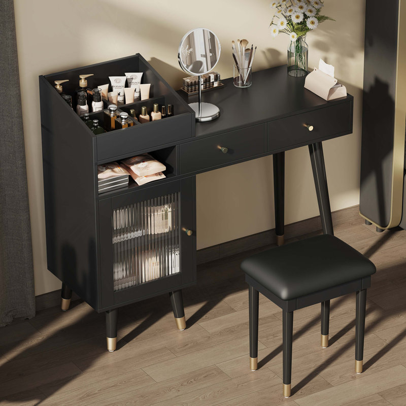 Modern Makeup Vanity Desk With Drawers, Cabinet & Charging Port, Space-Saving Dressing Table Set With Stool For Small Places, Black