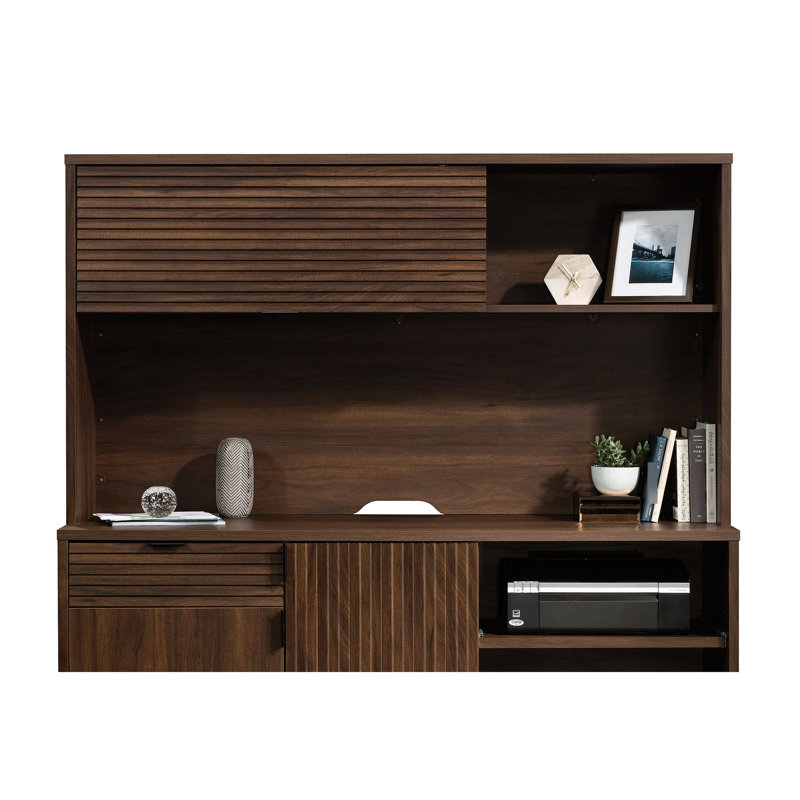 , Fini brun, plateau épais de 1 po, porte rabattable, rangement caché, livres, gestion des câbles, couvercles en bois d'ingénierie, livres, reliures,