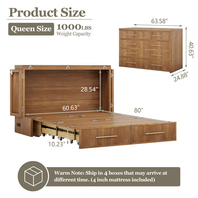 Modern Queen Murphy Bed with Storage Drawers & Charger, Solid Wood, Includes Mattress, Easy 60-Min Assembly