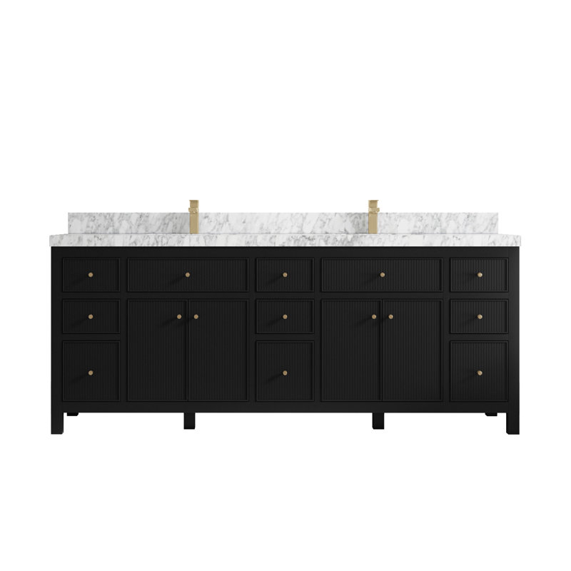 Ensemble de meuble-lavabo double 84 po, Noir, Marbre blanc de Carrare