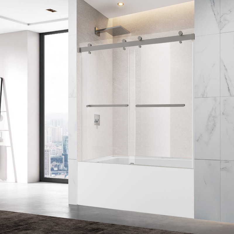 Porte de baignoire coulissante double sans cadre de 56 à 60 po x H 60 po avec verre trempé de 3/8 po, Nickel brossé