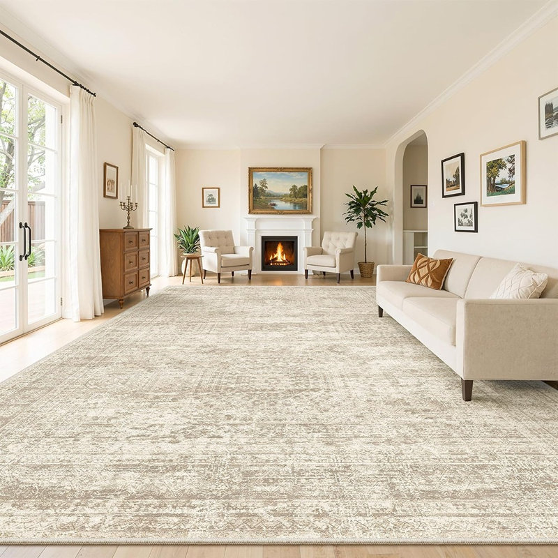 Tapis beige vintage, lavable, antidérapant et antitache, à poils courts, pour salon et chambre.