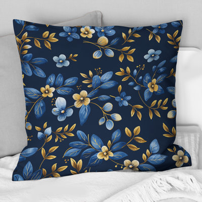 Blue Gold Traditional Floral Wreath Gardens I - Traditional Throw Pillow