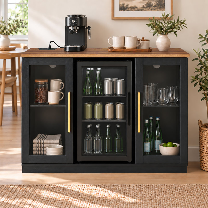 53’’ Coffee Bar Cabinet with Mini Fridge Space, Outlet and 2 Glass Doors