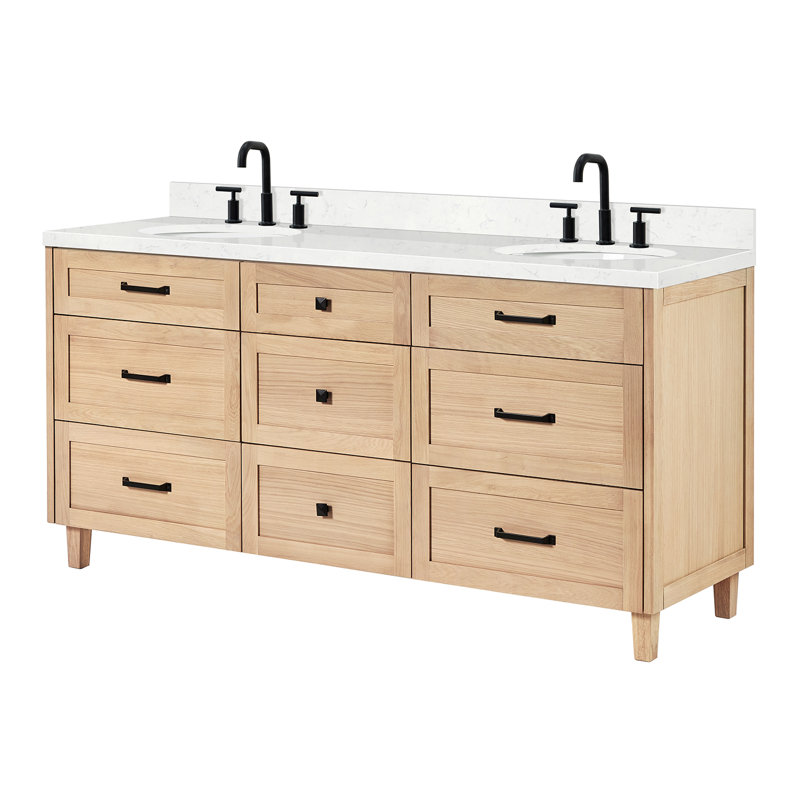 ARIEL Monroe 72 Double Sink Bathroom Vanity with Carrara Quartz Top, Oak, 72" - 73", Carrara White Quartz