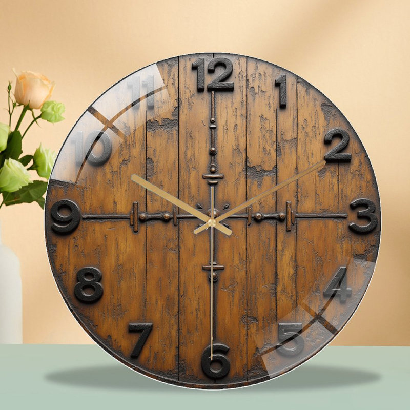 Rustic Vintage Wall Clock for Home Decor， Wooden Accent Art - 12'' Modern Glass Wall Clock