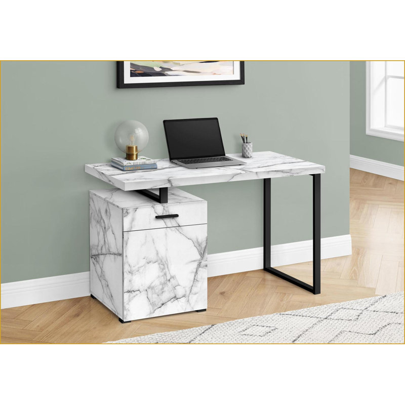 Bureaux, bureau d'ordinateur moderne de 48 po avec rangement | Configuration gauche / droite | Aspect marbre blanc, métal noir | Blanc | Panneau de particules