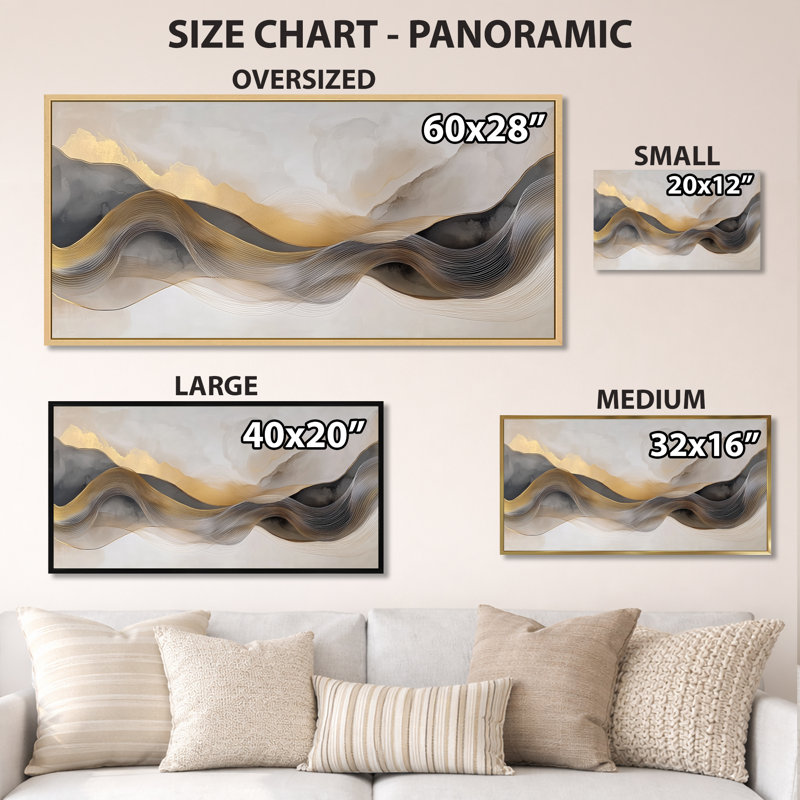 Impression sur toile encadrée or gris et or gris et vagues grises II - art mural moderne moderne, H 28 po x l 60 po