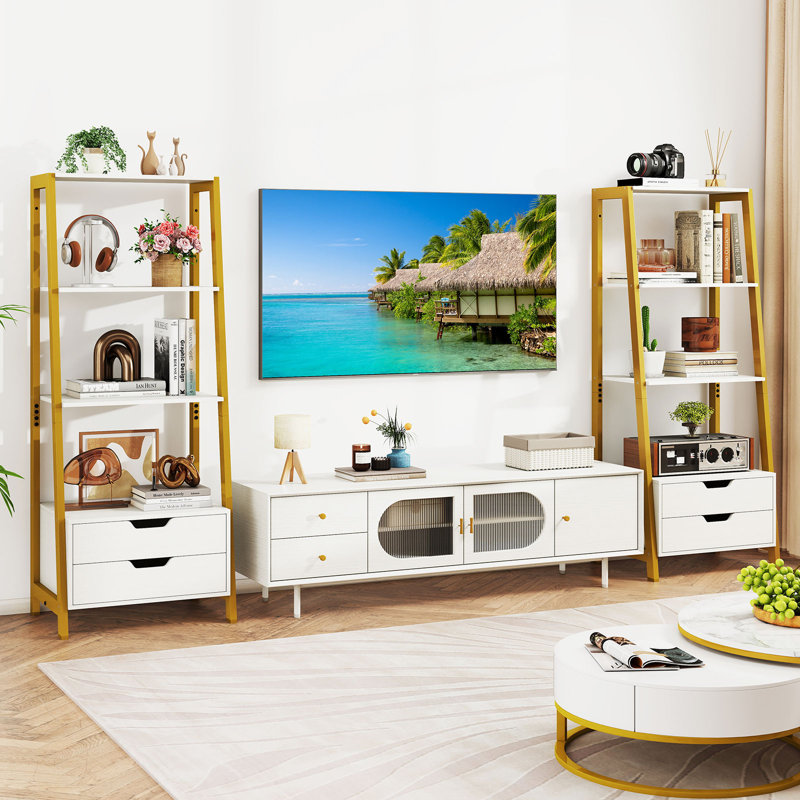 2PCS Bookshelf w/ 2 Storage Drawers Sturdy Metal Frame Anti-toppling Devices, White/Gold