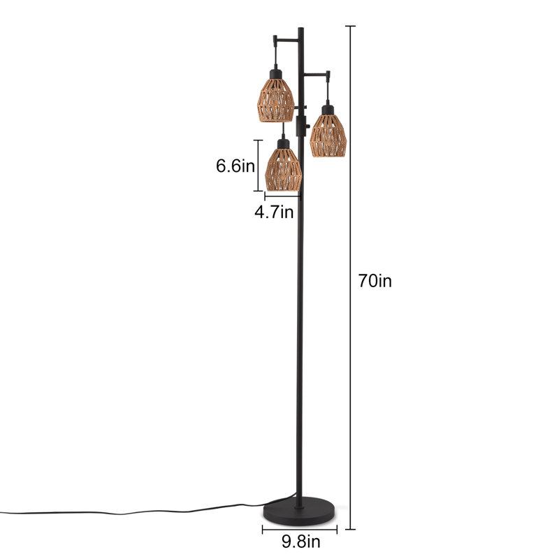 Boho 70'' Rattan Tripod Floor Lamp With 3 Dimmable Lights And LED Bulbs