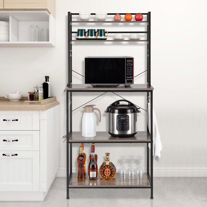 Washed Gray Industrial Metal and Wood Baker's Rack with Hooks