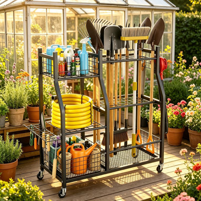 Rangement pour outils de jardin avec roulettes pour le garage, grande capacité de rangement, râteaux / pelles / support de rangement pour outils de jardin, chariot de jardin, outils intérieurs / extérieurs à long manche