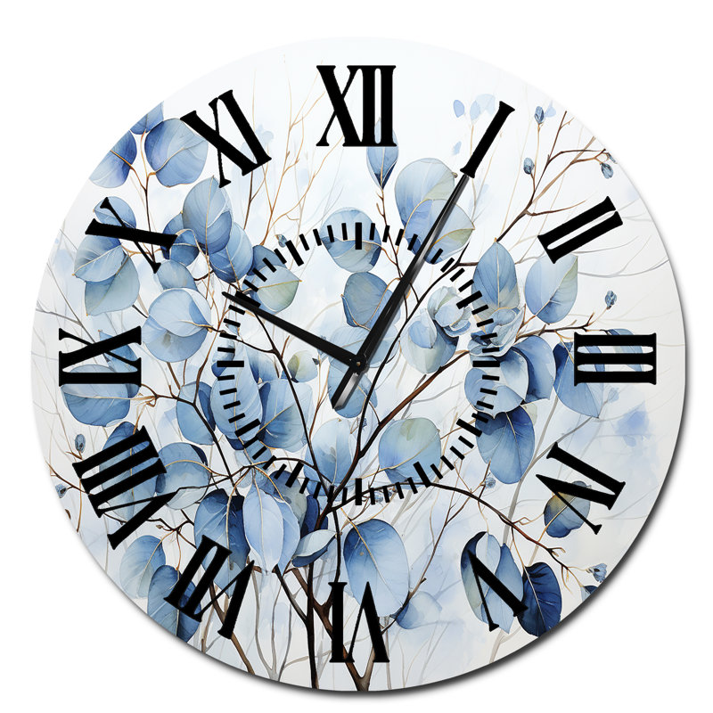 Horloge murale bleue et grise avec feuilles sur une branche III, Surdimensionné
