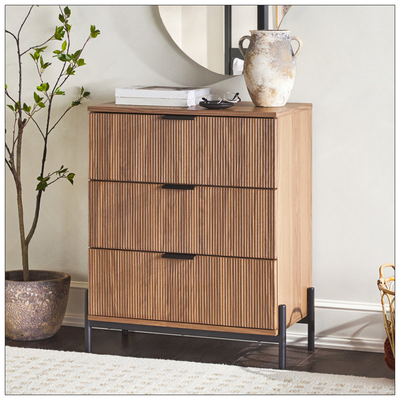 Commode 3 tiroirs Mid-Century avec façades en roseau, moka