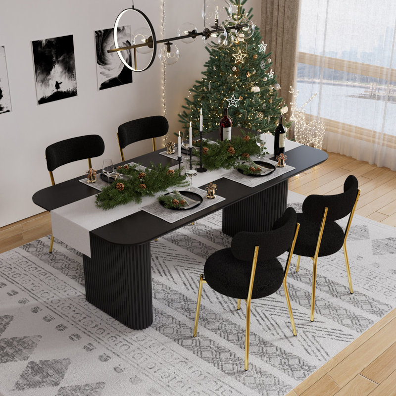 Ensemble de salle à manger rectangulaire à double piédestal avec table de salle à manger de style crème, Noir et or, 5