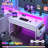 Small Computer Desk With 2 Drawers & LED Lights,Home Office Desks With Side Pocket And Monitor Stand-939457985-931550594