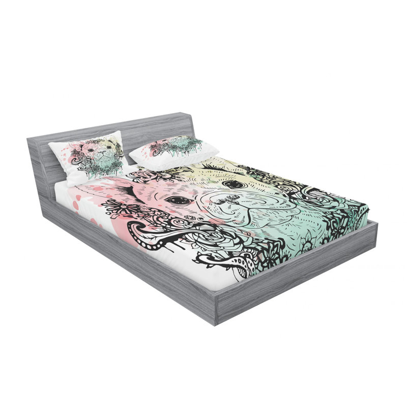 Ensemble de draps Bouledogue français avec couronne, Ensemble de drap pour grand lit avec drap-housse