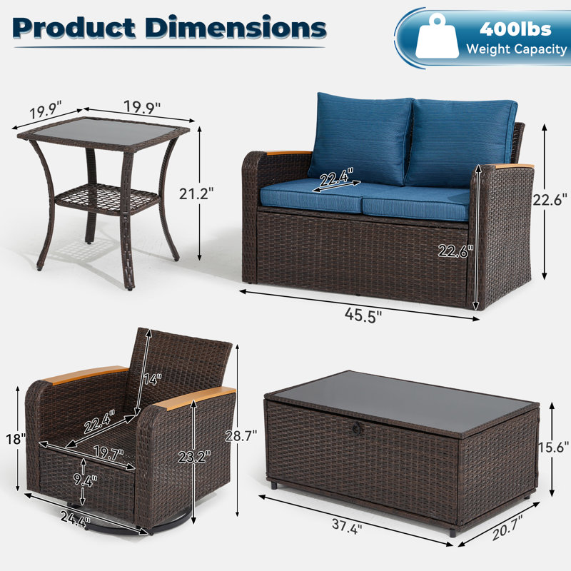 5 Pieces Outdoor Furniture Set With Swivel Chairs, Wicker Patio Furniture For Porch Deck Bistro Lawn Garden Backyard Poolside