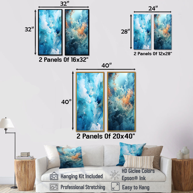 Ensemble de salon art mural bleu marine et blanc Fusion - Formes abstraites, H 32 po x l 33 po, Encadrement doré