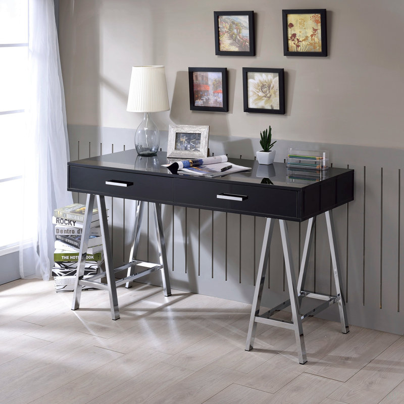 Bureau d'écriture noir ultrabrillant noir avec port USB, Noir / argenté