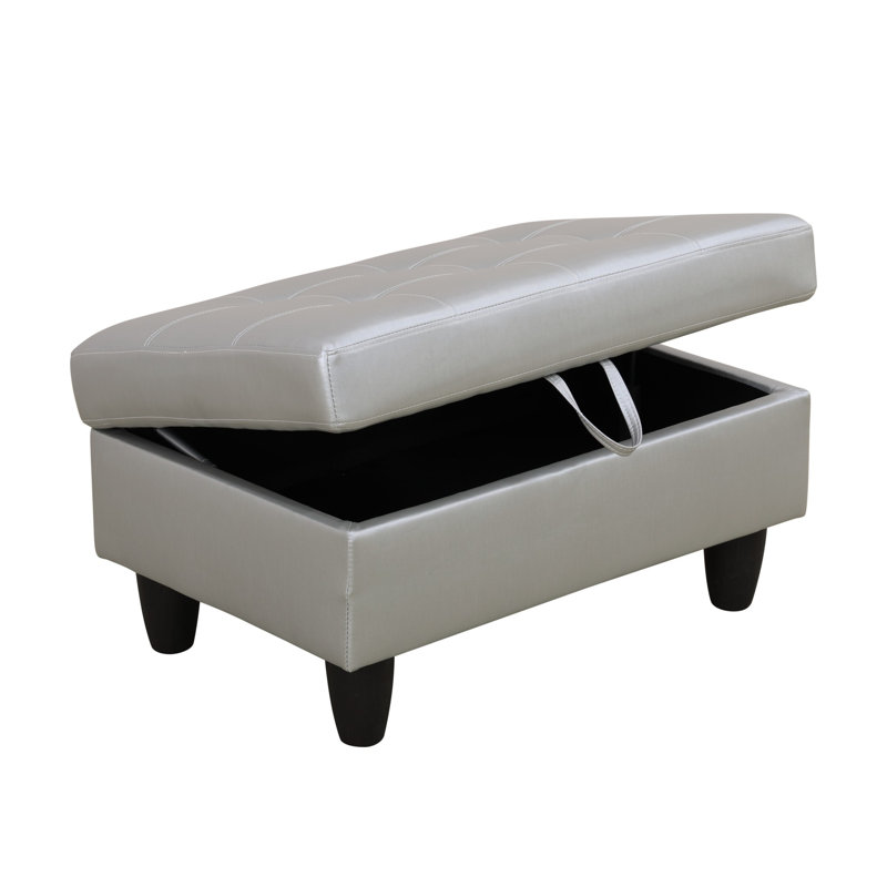Repose-pieds de rangement rectangulaire en similicuir de 35 po de large Terrion, Argent argent
