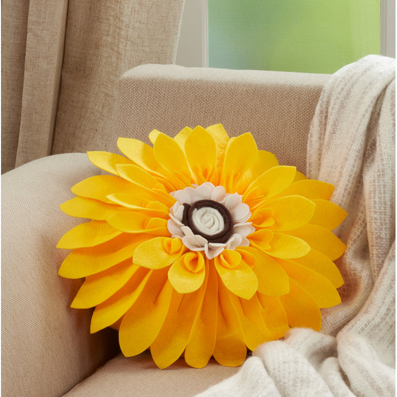 Yellow Felt Flower Round Throw Pillow with Poly Filling