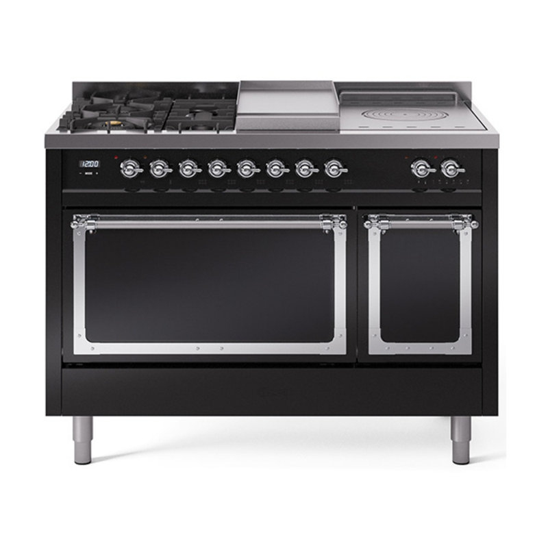 ILVE Nostalgie II Noblesse 48 in Dual Fuel Range, 5 Burner, Griddle, Frenchtop, Liquid Propane, Glossy Black/Chrome