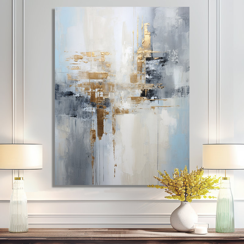 «Gold Memories On Faded Blue», art mural abstrait, Toile tendue, H 20 po x l 12 po x P 1 po