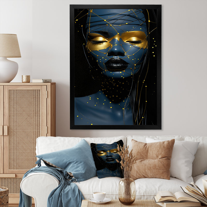 «Florianne Gold and Blue Masked Woman», reproduction, H 40 po x l 30 po x P 1,5 po, Cadre photo noir