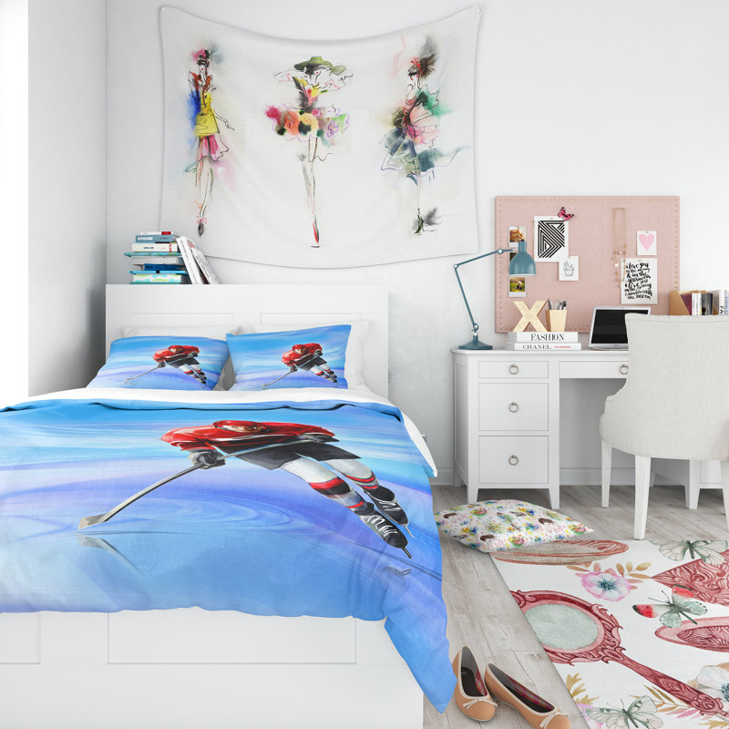 Twin Blue and Red Hockey Player Microfiber Duvet Cover Set
