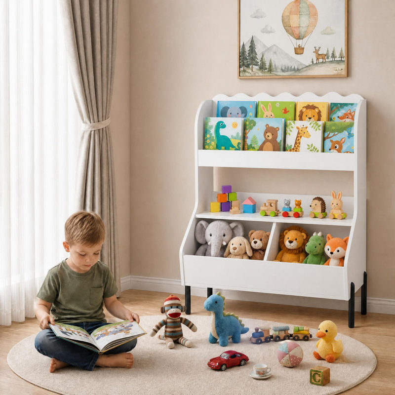 Bibliothèque de rangement en bois pour jouets d'enfants avec 2 bacs et tablette ouverte, blanc naturel, Blanc