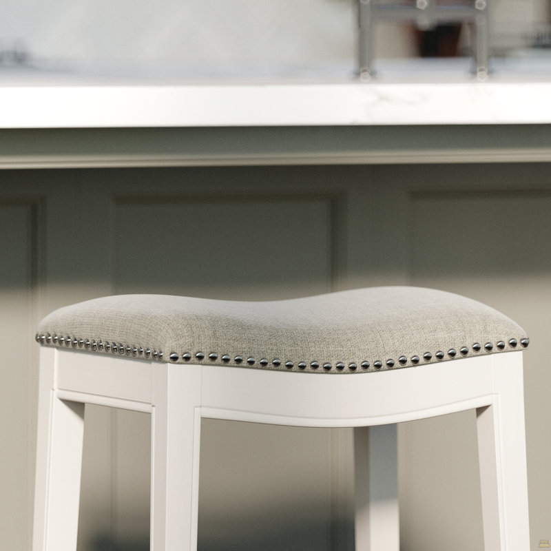 26In. Counter-Height Backless Wood Saddle-Seat Barstool With Nailhead Trim, Farmhouse Whitewash With Gray Upholstered Seat, 1PC