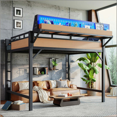 Structure de lit mezzanine avec tablettes de rangement et panneau perforé, lit mezzanine en métal avec ports USB et lumières DEL, sécuritaire et robuste