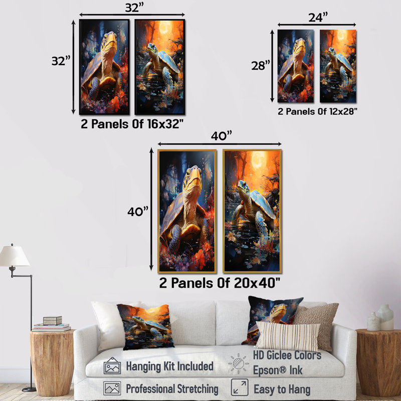 Expressionniste voyage - ensemble d'art mural sur toile tortue de 2, Cadre flottant blanc, H 28 po x l 25 po